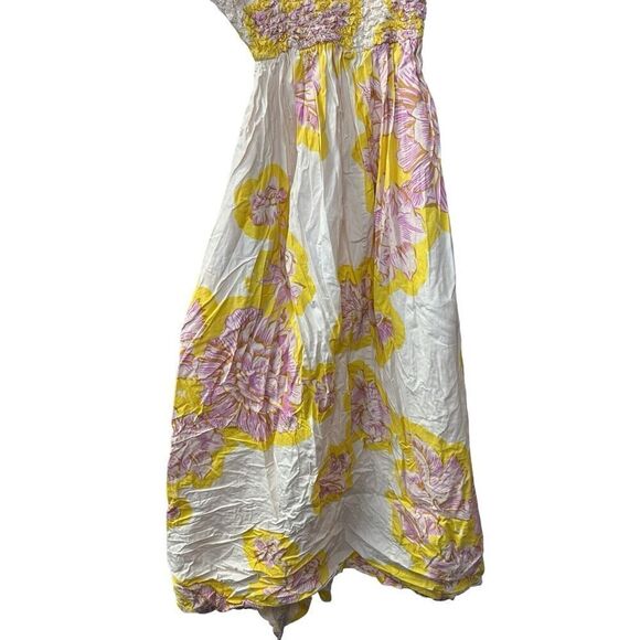 Free People Kalimantan Printed Midi Dress Bold Floral Ruched Blush Yellow Medium - Picture 8 of 14